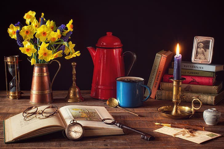 flowers, style, photo, books, coffee, candle, bouquet, key, glasses, mug, still life, compass, hourglass, candle holder, daffodils, Muscari, coffee pot, HD wallpaper