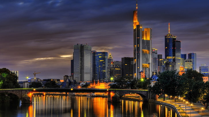 сиви и черни сгради, Франкфурт на Майн, Германия, сграда, река, hdr, HD тапет