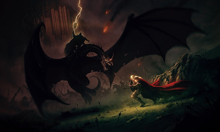 ilustrasi ksatria dan naga, Penguasa Cincin, karya seni, pertempuran, Éowyn, Witchking of Angmar, Wallpaper HD