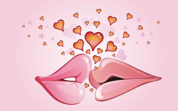 First kiss in love , two pink lips with hearts illustration, love, first, kiss, HD wallpaper