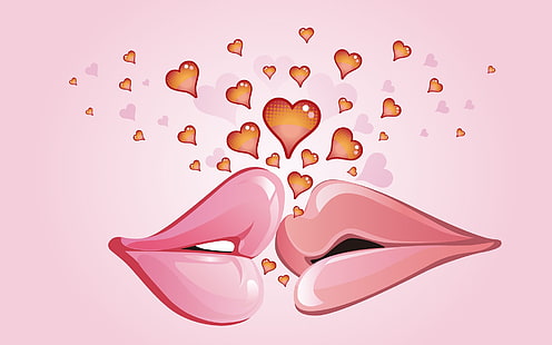 First kiss in love , two pink lips with hearts illustration, love, first, kiss, HD wallpaper HD wallpaper