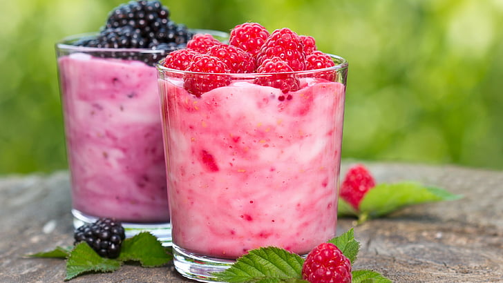 raspberry smoothie, smoothies, fruit, raspberries, blackberries, mint, HD wallpaper
