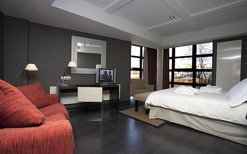 оранжевый тканевый диван и белый матрас, постельное белье, мебель, комната, дизайн, интерьер, HD обои HD wallpaper