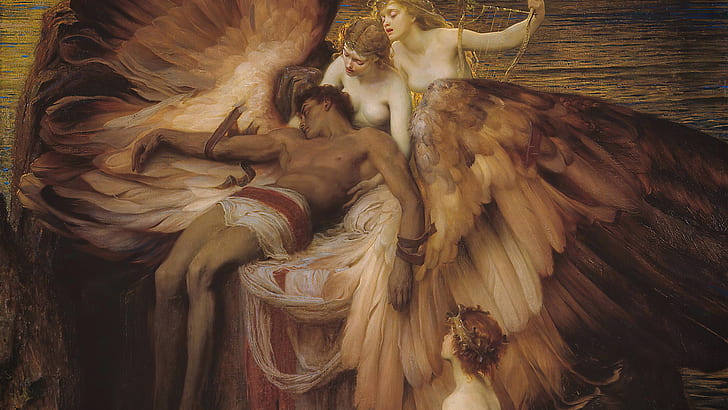 Herbert James Draper, Icarus, nimfa, mitologi, mitologi Yunani, lukisan cat minyak, karya seni, malaikat, lukisan, Wallpaper HD