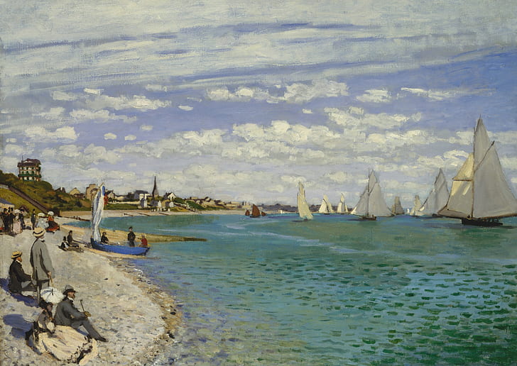 boat, picture, yacht, sail, seascape, Claude Monet, Regatta at Sainte-Adresse, HD wallpaper