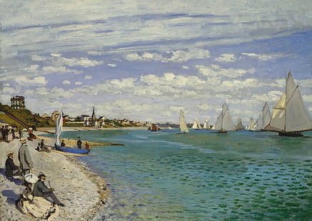 boat, picture, yacht, sail, seascape, Claude Monet, Regatta at Sainte-Adresse, HD wallpaper HD wallpaper