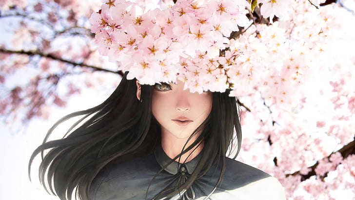 جميلة ، فتاة أنيمي ، ساكورا ، أزهار الكرز، خلفية HD