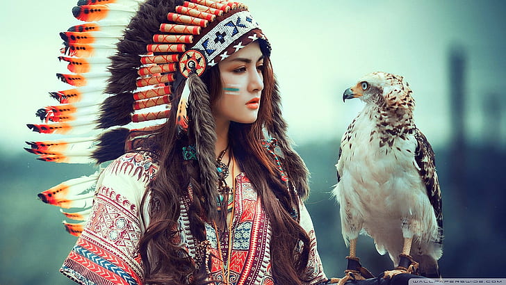 bird of prey, birds, animals, women, cosplay, Native American clothing, HD wallpaper