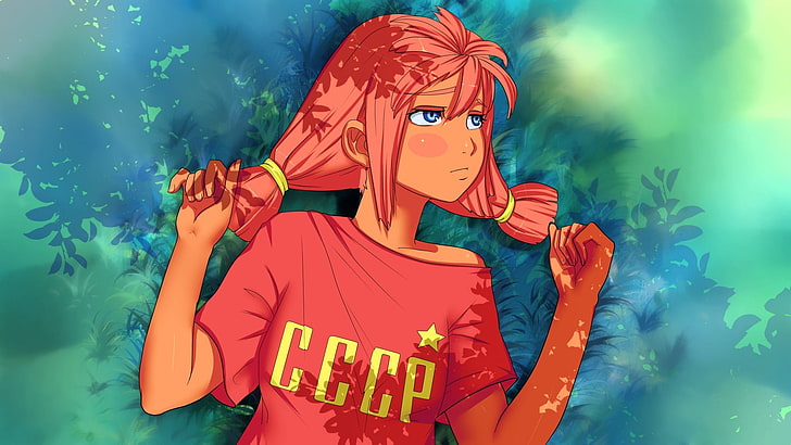 빨간 머리 여성 애니메이션 캐릭터, 소련 사회주의 연방 공화국, 애니메이션, 애니메이션 소녀들, 잎, 땋은 머리, 얼굴이 빨개지는, 영원한 여름, 돌연변이, HD 배경 화면