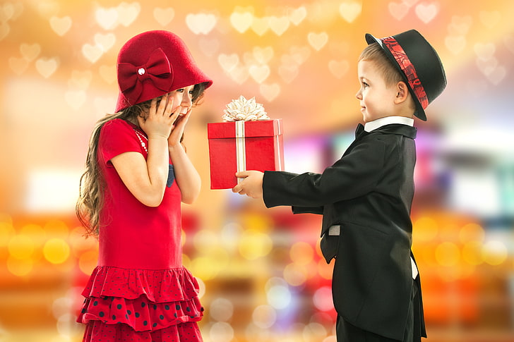 girl's red dress, children, birthday, gift, boy, girl, gentleman, Little lady, HD wallpaper