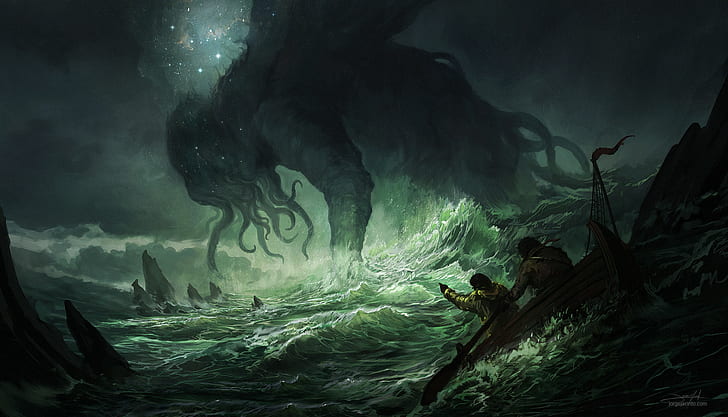 Cthulhu, повикване на cthulhu, H. P. Lovecraft, наука, научна фантастика, ужас, космос, морски чудовища, море, буря, HD тапет