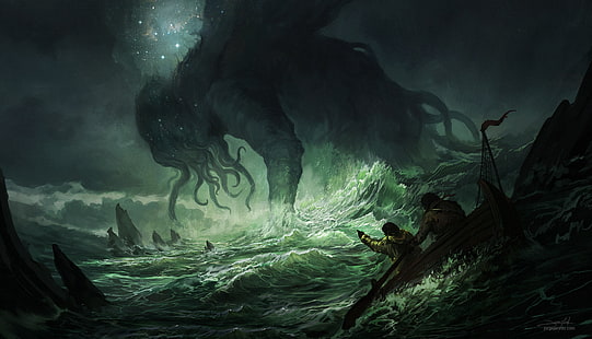 Cthulhu, panggilan cthulhu, H. P. Lovecraft, sains, fiksi ilmiah, horor, luar angkasa, monster laut, laut, badai, Wallpaper HD HD wallpaper