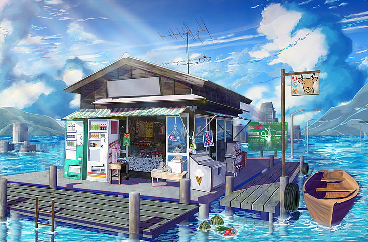 Anime, Original, Boat, Sea, Shop, Vending Machine, HD wallpaper