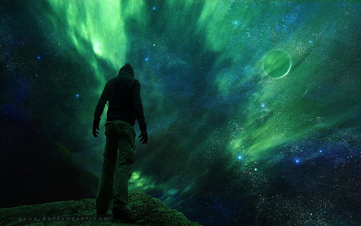 วอลล์เปเปอร์ aurora borealis, อวกาศ, สีเขียว, ดาวเคราะห์, ดวงดาว, กลางคืน, ศิลปะอวกาศ, ศิลปะดิจิตอล, วอลล์เปเปอร์ HD