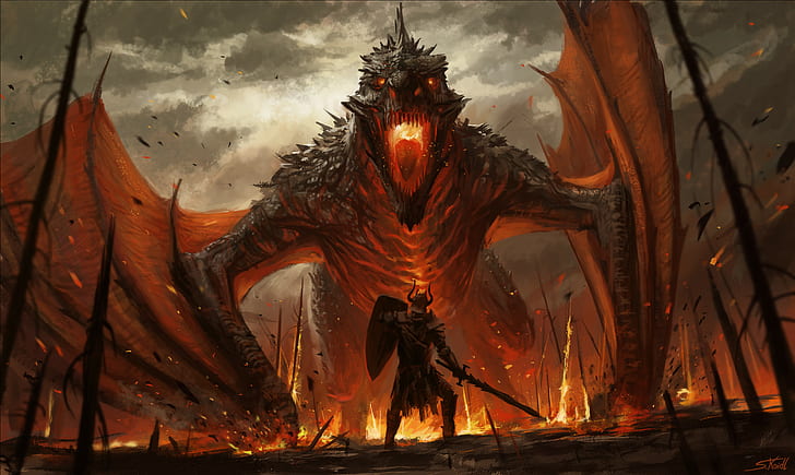 digital art, warrior, dragon, fire, giant, Stefan Koidl, HD wallpaper