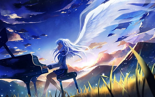 Angle Beats Kannade bermain piano, Angel Beats !, gadis anime, piano, malaikat, Tachibana Kanade, anime, manga, sayap, musik, Wallpaper HD HD wallpaper