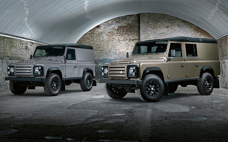 two silver and tan SUV's, background, hangar, jeep, SUV, Land Rover, the front, Defender, 110, X-Tech, Wagon, Utility, HD wallpaper
