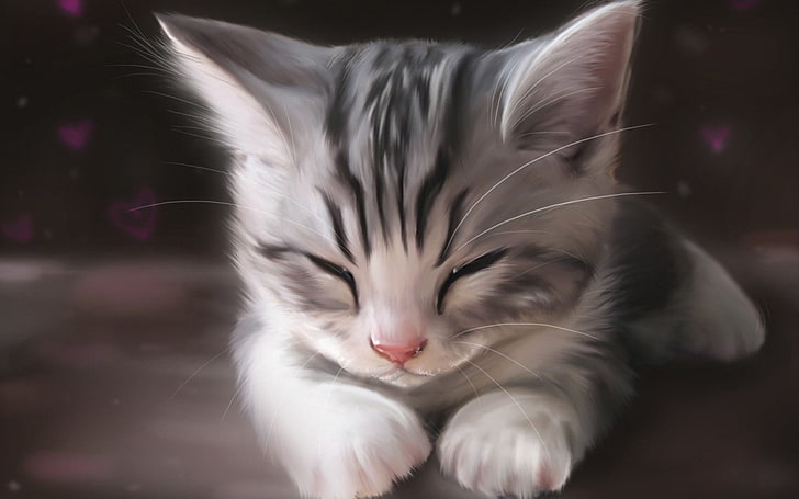kitten illustration, cat, animals, artwork, drawing, kittens, sleeping, HD wallpaper