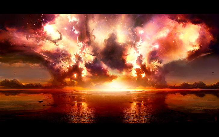 Ядерный взрыв, небо, цифровое искусство, пейзаж, произведение искусства, HD обои