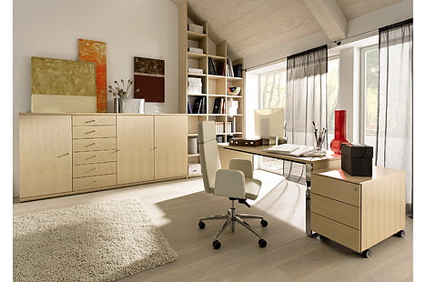 beige wooden sideboard, design, style, room, interior, office, elegant home office design, HD wallpaper HD wallpaper