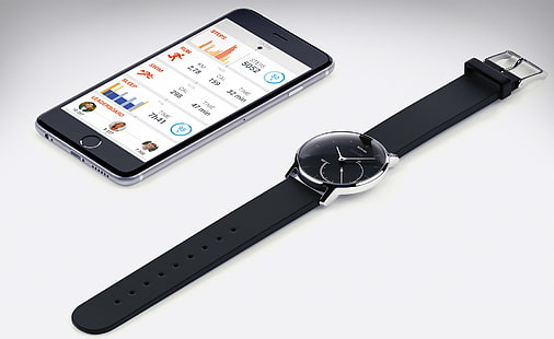 iPhone 6 abu-abu ruang dan arloji analog berwarna perak dan tali hitam, withings, jam tangan, smartphone, iphone, apple, Wallpaper HD HD wallpaper