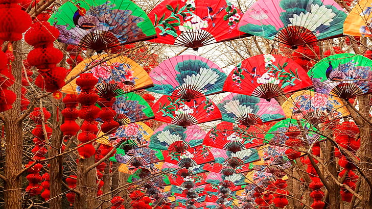 trees, fan, China, lanterns, Beijing, Temple Of Heaven, Spring festival, HD wallpaper