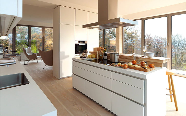 белый деревянный остров кухонный стол, свет, дизайн, фото, вино, обои, окна, сыр, лук, простор, кухня, весеннее настроение, интерьеры, HD обои