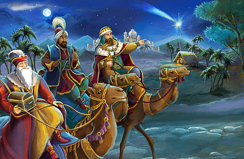 ilustracja trzech królów, pustynia, wielbłądy, Melchior, biblijni Mędrcy, Mędrcy, Gaspar, Baltazar, Tapety HD HD wallpaper