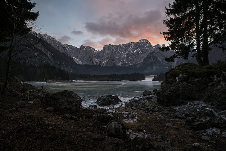 Wasser, Berge, Schnee, Natur, Bäume, HD-Hintergrundbild