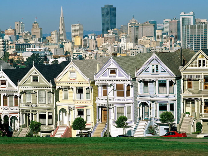 منزل خرساني أبيض وبني ، سبع أخوات ، فيكتوريان ، سان فرانسيسكو، خلفية HD