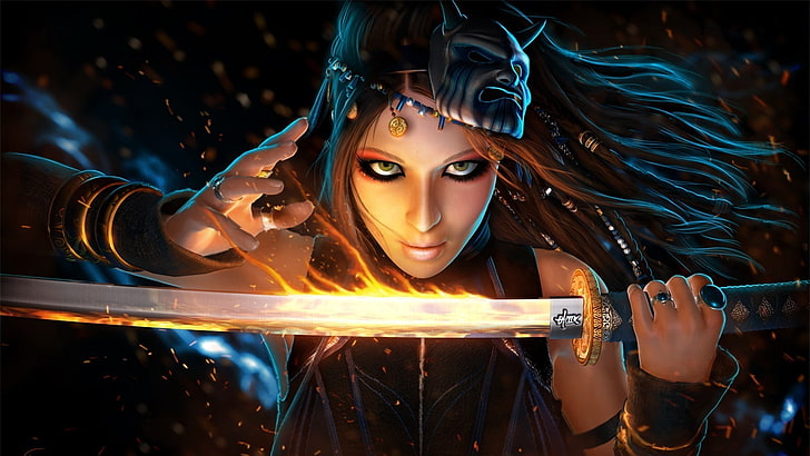 mujer sosteniendo espada fondo de pantalla, arte de fantasía, arte conceptual, mujeres, guerrero, pelirrojo, espada, katana, chica de fantasía, Fondo de pantalla HD