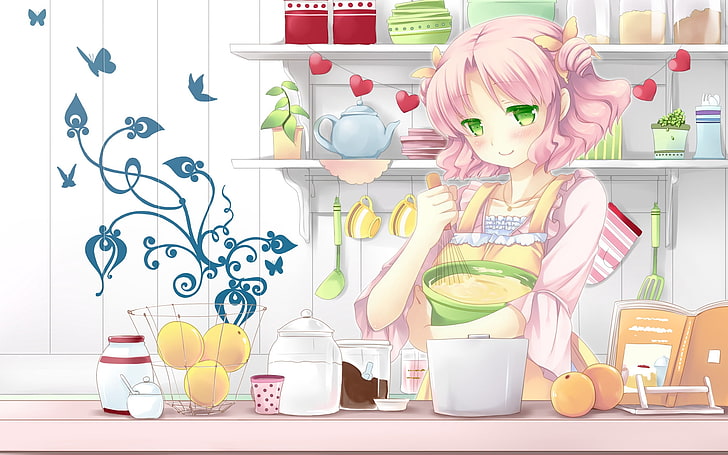 pink haired girl anime character illustration, girl, kitchen, smiling, cooking, hobby, HD wallpaper