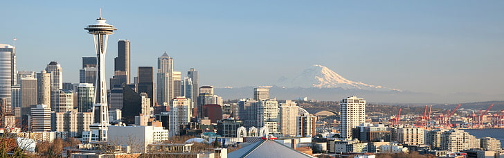 photograph of city, Seattle, city, multiple display, dual monitors, HD wallpaper