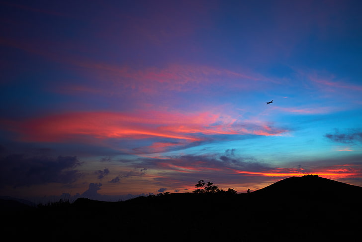 silhouettes, plane, horizon, mountain, sunset, landscape, HD wallpaper