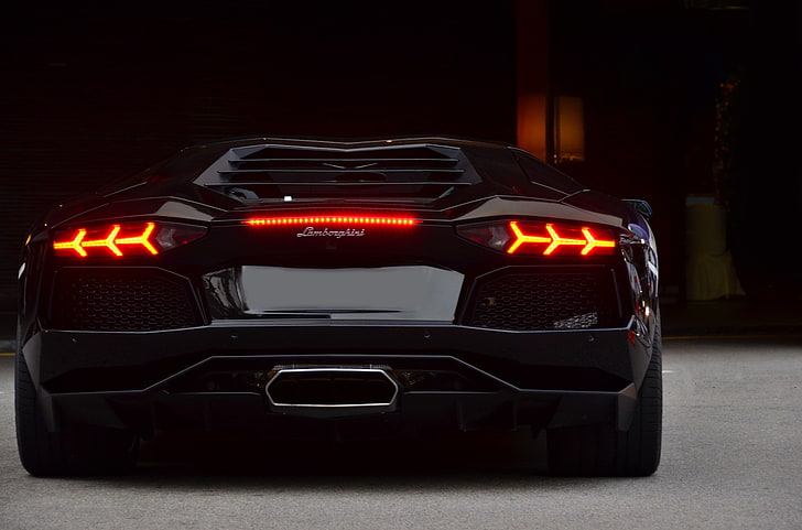 black Lamborghini Aventador coupe, black, back, headlights, aventador, lp700-4, Lamborghini, HD wallpaper