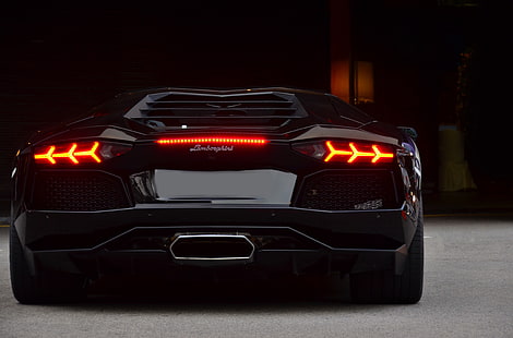 czarne Lamborghini Aventador coupe, czarny, tył, reflektory, aventador, lp700-4, Lamborghini, Tapety HD HD wallpaper