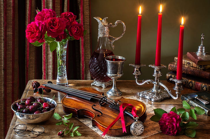flowers, style, berries, notes, wine, violin, watch, glass, books, roses, bouquet, candles, glasses, still life, cherry, candle holder, decanter, HD wallpaper