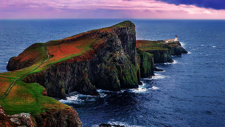 ネイストポイント灯台、海岸、高地、スコットランド、岩場、高地、スカイ島、ヨーロッパ、イギリス、半島、灯台、 HDデスクトップの壁紙