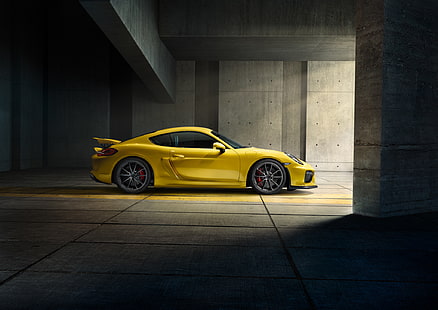 желтый Порше 911 купе, Порше, Кайман, gt4, желтый, 2015, HD обои HD wallpaper