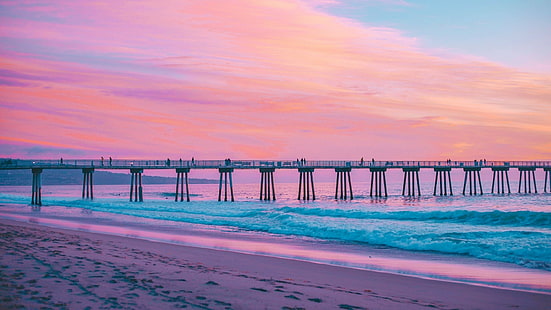 Man Made, Pier, Beach, California, Pink, Sea, Water, HD wallpaper HD wallpaper