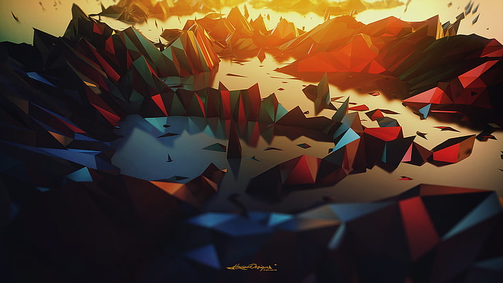 red and blue stones illustration, low poly, digital art, abstract, triangle, landscape, poly, geometry, Lacza, HD wallpaper