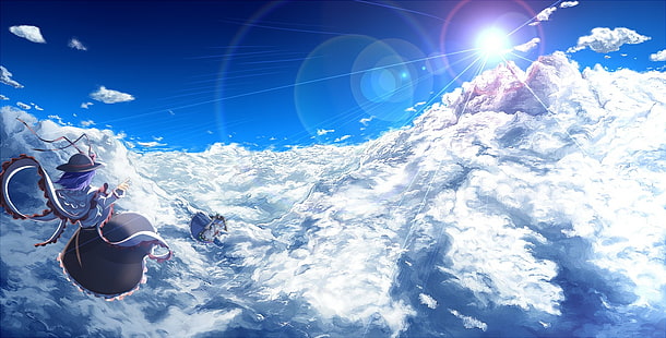 tapeta z postaciami kobiecego anime, Touhou, Hinanawi Tenshi, Nagae Iku, chmury, słońce, latanie, Tapety HD HD wallpaper