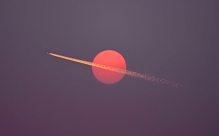 round red plant, airplane, aircraft, red, Sun, sunset, sky, minimalism, contrails, flying, HD wallpaper