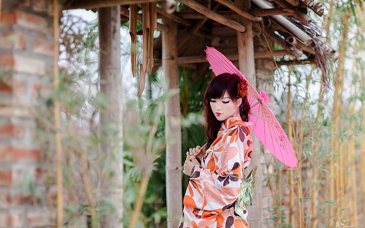 Piękna Japonka, kimono, papierowe parasole, różowy japoński parasol bambusowy, piękny, japoński, dziewczyna, kimono, papier, parasole, Tapety HD