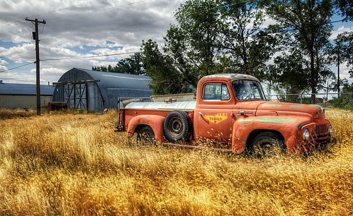 Klassisk lastbil, orange pickup-ruck med enkel hytt, motorer, klassiska bilar, klassisk, lastbil, HD tapet HD wallpaper