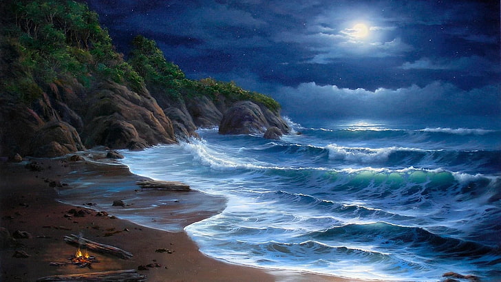 wave, shore, beach, night, moonlight, moon, sea, fantasy art, rock, HD wallpaper