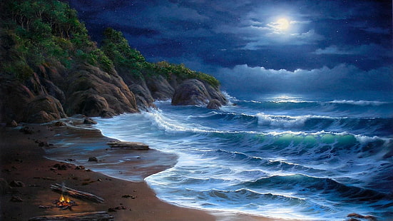 onda, riva, spiaggia, notte, chiaro di luna, luna, mare, fantasy art, rock, Sfondo HD HD wallpaper