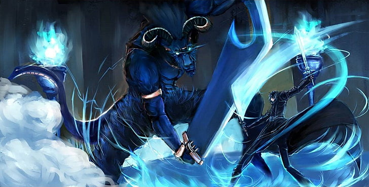 blå monster 3D tapet, Sword Art Online, Anime, Boy, Coat, Fire, Glove, Glow, Glowing Eyes, Horn, Kirito (Sword Art Online), Sword, Tail, The Gleam Eyes, Weapon, HD tapet