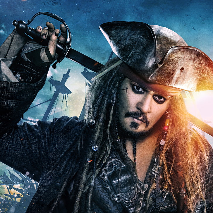 Jack Sparrow, Dekoration, Johnny Depp, Hut, Fantasie, Kapitän, Zöpfe, Jack Sparrow, Fluch der Karibik, Plakat, Säbel, gespannter Hut, Fluch der Karibik: Tote erzählen keine Geschichten, Tote erzählen keine Geschichten, HD-Hintergrundbild