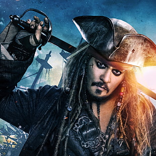 Jack Sparrow, decorazione, Johnny Depp, cappello, fantasia, capitano, trecce, Jack Sparrow, Pirati dei Caraibi, poster, sciabola, cappello a tre punte, Pirati dei Caraibi: Dead Men Tell No Tales, Dead men Tell No Tales, Sfondo HD HD wallpaper